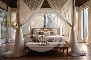 Interior of modern bedroom with big window, curtains and comfortable bed, A dreamy canopy bed draped with sheer fabric in a