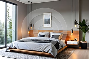 Interior of modern bedroom with cozy double bed. Interior badroom.