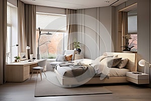 Interior of modern bedroom with grey panel walls, wooden floor, comfortable king size bed with gray blanket, pillows