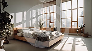 Interior of a modern bedroom with a large double bed and a window overlooking the city