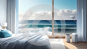 Interior of modern bedroom with sea view. 3D Rendering