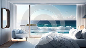 Interior of modern bedroom with sea view. 3D Rendering