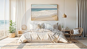 Interior of modern bedroom with sea view. 3D rendering