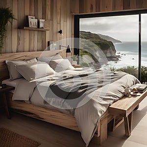Interior of modern bedroom with sea view, wooden floor.AI Generated