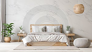 Interior of modern bedroom with white marble wall, 3d render