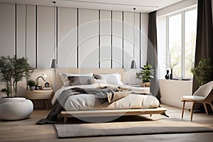 Interior of modern bedroom with white panel walls, wooden floor, comfortable king size bed with gray blanket