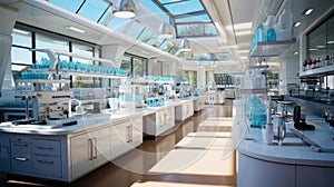 The interior of a modern biological laboratory. Equipment and furniture in the room for scientific research.