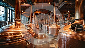 Interior of a modern brewery with copper brewing kettles photo