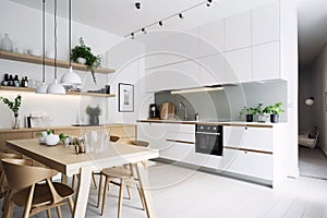 interior of modern bright kitchen with white walls, wooden floor and white cupboards. Scandinavian style