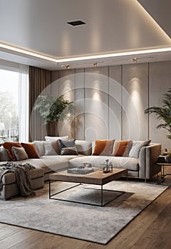 interior of modern bright living room with grey sofa 3d render