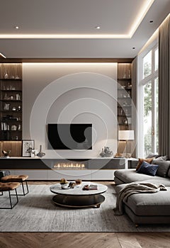 interior of modern bright living room with grey sofa 3d render