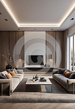 interior of modern bright living room with grey sofa 3d render