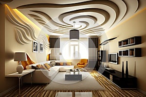 Interior of modern bright living room with wavy stretch ceiling