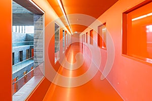 Interior modern building with several floors and orange painted passages