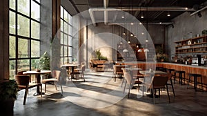 interior of modern cafe with bar and chairs with concrete walls and light from windows