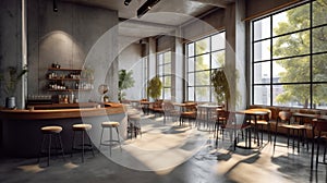 interior of modern cafe with bar and chairs with concrete walls and light from windows