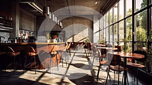 interior of modern cafe with bar and chairs with concrete walls and light from windows