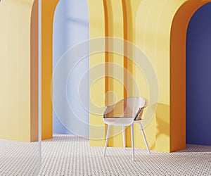 Interior with modern chair and yellow arches, blue walls and glass partition, 3d rendering