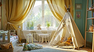 Interior of modern childrens room with play tent and toys