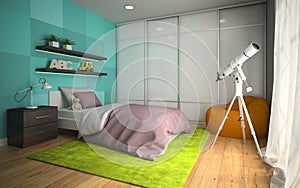 Interior of modern childroom with blue wall 3D rendering 3