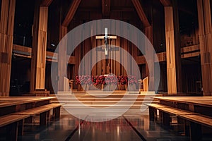 Interior of a modern church with wooden pews and red flowers adorning the altar under crucifix