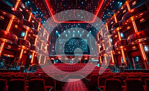 The interior of modern cinema theater. Empty cinema auditorium