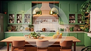 Interior of modern classic kitchen. Wooden dining table and chairs, green facades, white tile backsplash, green plants