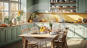 Interior of modern classic kitchen. Wooden dining table and chairs, green furniture, flowers and plants, crockery on the