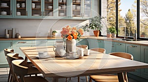 Interior of modern classic kitchen. Wooden dining table and chairs, green furniture, flowers and plants, crockery on the
