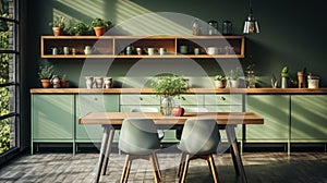 Interior of modern classic kitchen. Wooden dining table and chairs, green furniture, flowers and plants, crockery on the