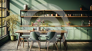 Interior of modern classic kitchen. Wooden dining table, chairs and shelves with crockery. Pistachio wall and furniture