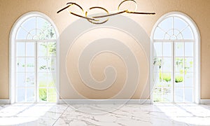 Interior of Modern Classic Style Empty Room with Marble Floor, Ceiling Lamp and Arch Door, 3D Rendering