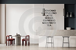 Interior of modern coffee shop with white and dark blue walls, concrete floor, white bar counter with stools, shelves with dishes