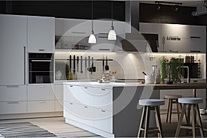 Interior of modern comfortable kitchen. Generative AI.