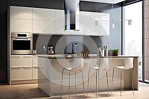 Interior of modern comfortable kitchen. Generative AI.