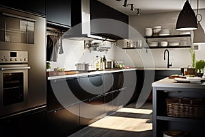 Interior of modern comfortable kitchen. Generative AI.