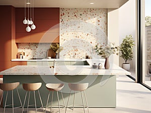 Interior of modern comfortable kitchen. Generative AI.