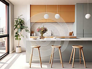 Interior of modern comfortable kitchen. Generative AI.