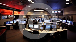 Interior of a modern control room with computer monitors and monitors