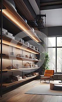 interior of a modern corridor with a library, warehouse design with racks and shelves,