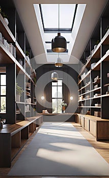 interior of a modern corridor with a library, warehouse design with racks and shelves,