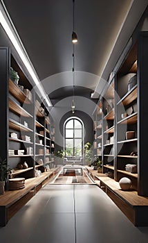 interior of a modern corridor with a library, warehouse design with racks and shelves,