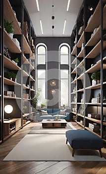 interior of a modern corridor with a library, warehouse design with racks and shelves,