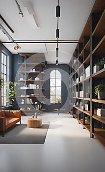 interior of a modern corridor with a library, warehouse design with racks and shelves,