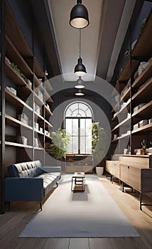 interior of a modern corridor with a library, warehouse design with racks and shelves,