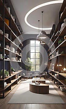 interior of a modern corridor with a library, warehouse design with racks and shelves,