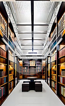 interior of a modern corridor with a library, warehouse design with racks and shelves,