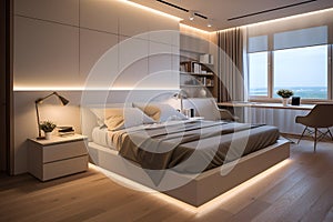 The interior of a modern cozy bedroom with a bed with backlight, table and bedside table