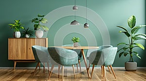 Interior of modern cozy living room with dining area. Green walls with posters, round wooden dining table and mint color