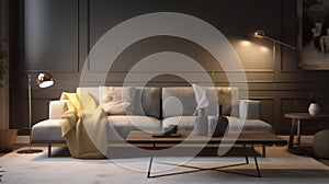 Interior of modern cozy living room. Gray wall, stylish sofa with pillows and plaid, coffee table, floor lamps, poster